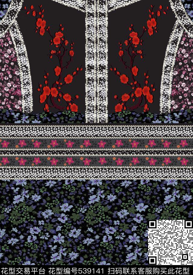 刺绣印花中国风女装刺绣印花梅花小碎花对称定位男女装传统印花华亿平台下载（图片编号: 539141） - 瓦栏（Walan）