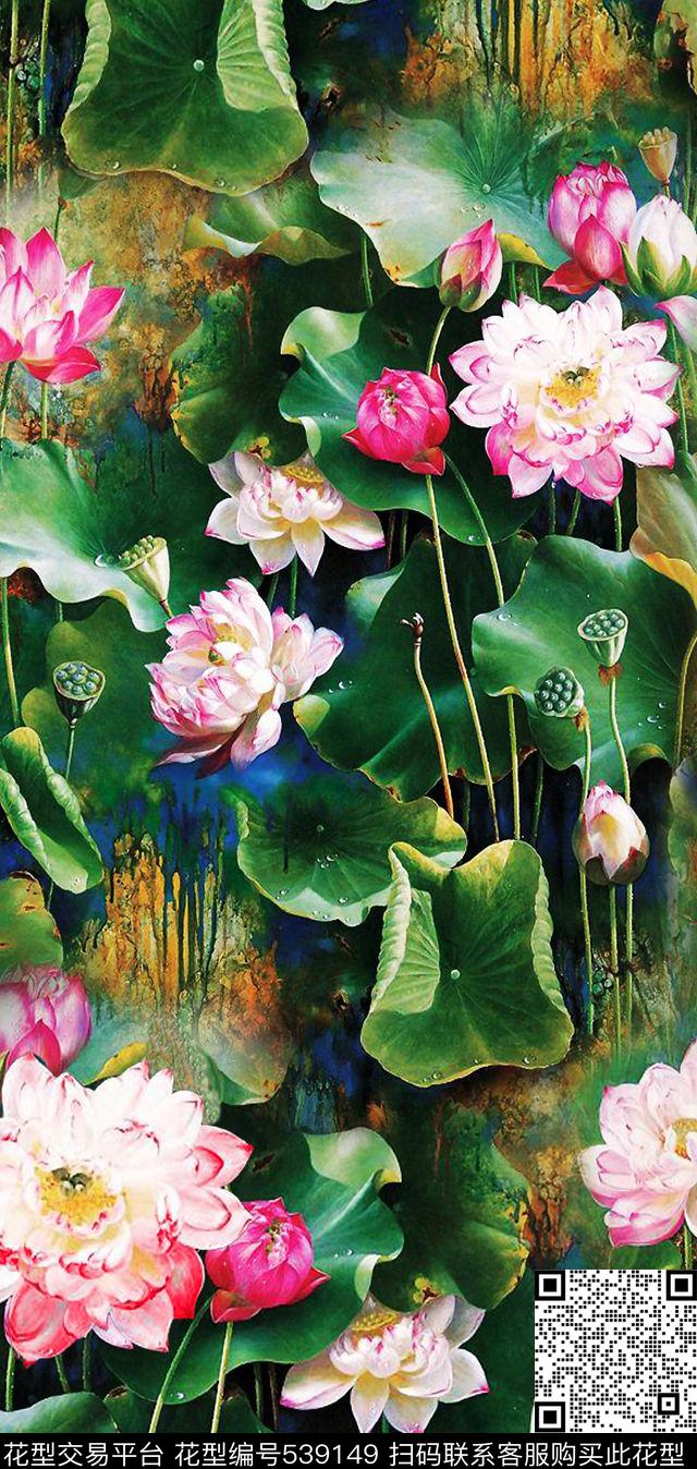 中国风油画花荷花数码印花华亿平台下载（图片编号: 539149） - 瓦栏（Walan）