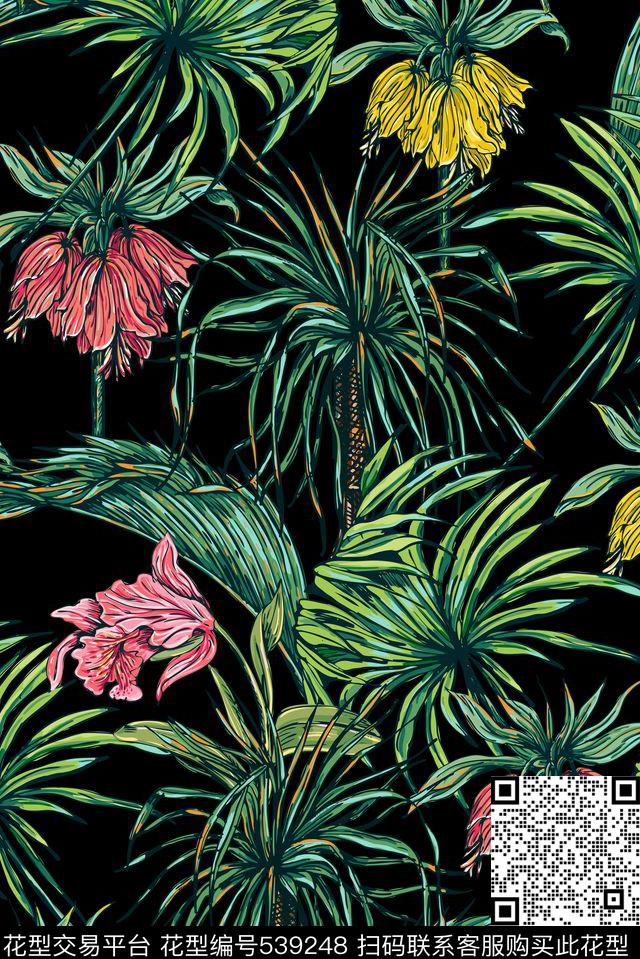 热带风情夏季休闲衬衫面料女士长裙棕榈叶卡通花卉传统印花华亿平台下载（图片编号: 539248） - 瓦栏（Walan）