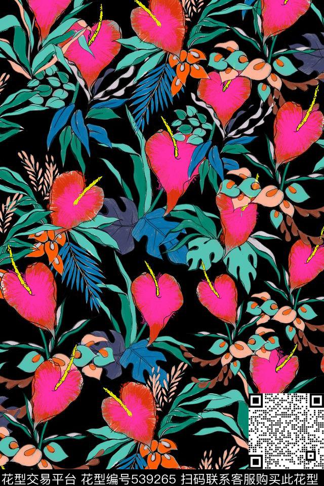 热带风情热带植物花卉夏季休闲衬衫面料泳衣女士长裙传统印花华亿平台下载（图片编号: 539265） - 瓦栏（Walan）