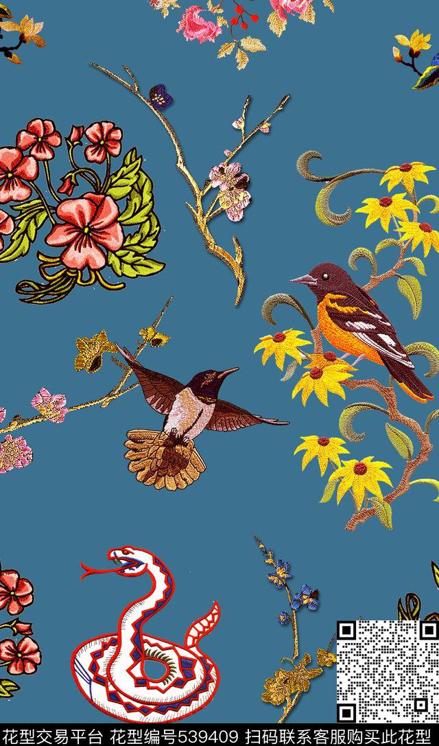 鸟花蛇花卉梅花时尚时装周古驰Gucci针织刺绣花鸟绣花E【动物昆虫】数码印花华亿平台下载（图片编号: 539409） - 瓦栏（Walan）