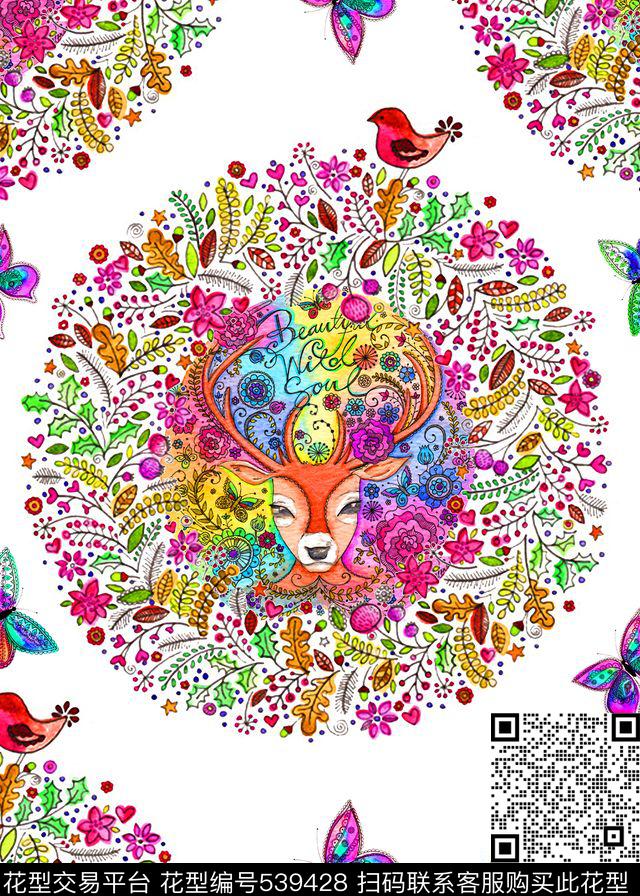 手绘鹿蝴蝶花组合水彩画数码印花华亿平台下载（图片编号: 539428） - 瓦栏（Walan）