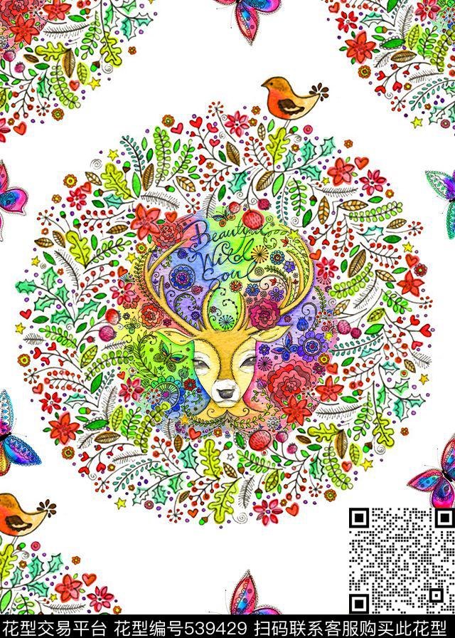 手绘鹿蝴蝶花组合水彩画数码印花华亿平台下载（图片编号: 539429） - 瓦栏（Walan）