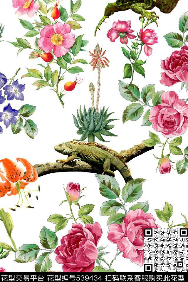 流行时尚玫瑰牡丹变色龙时尚玫瑰牡丹变色龙组合花卉动物华亿平台动物纹数码印花华亿平台下载（图片编号: 539434） - 瓦栏（Walan）