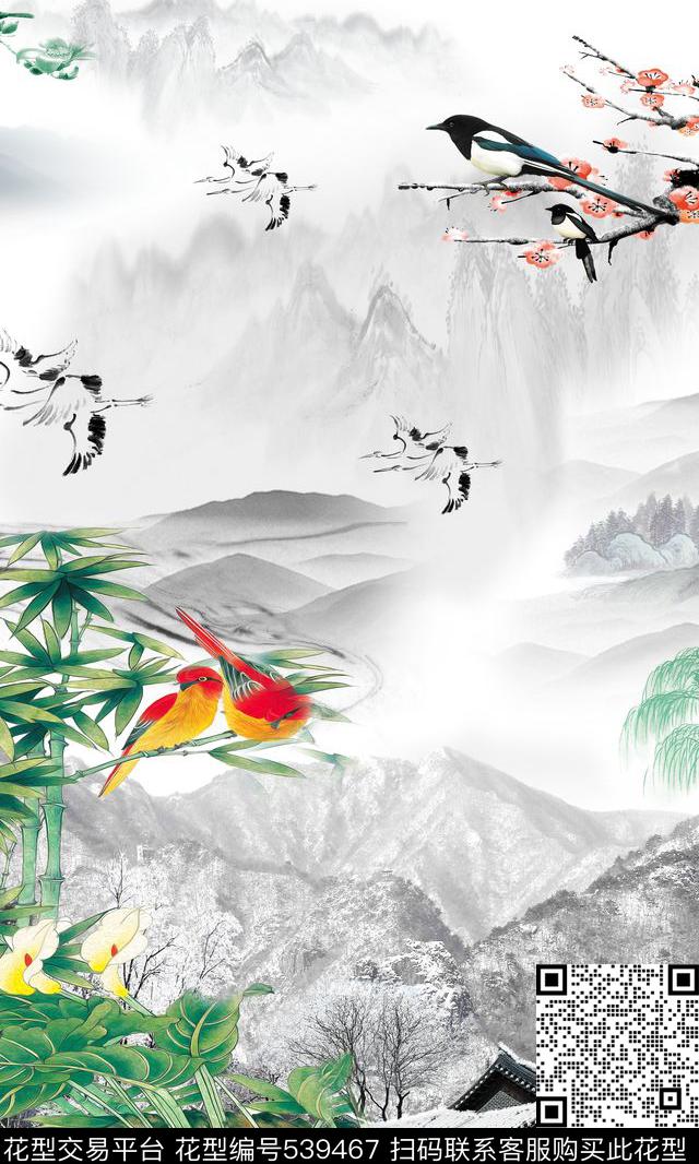 中国风山鸟图服装家纺窗帘旗袍长裙山鸟雪景竹子手绘水墨白鹤中国风数码印花华亿平台下载（图片编号: 539467） - 瓦栏（Walan）