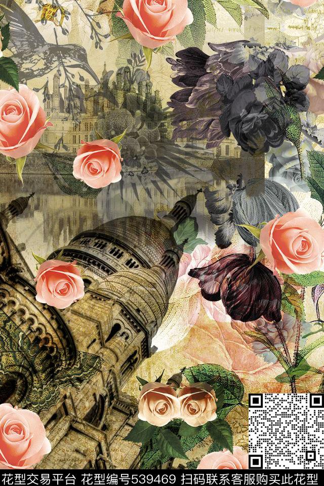 复古建筑玫瑰花卉油画花卉精美男装独幅图案男士秋冬衬衫大牌女装英伦复古数码印花华亿平台下载（图片编号: 539469） - 瓦栏（Walan）