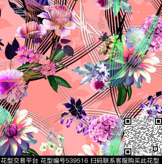 花朵树叶花丛线条几何组合时尚大牌华亿平台数码印花华亿平台下载（图片编号: 539516） - 瓦栏（Walan）