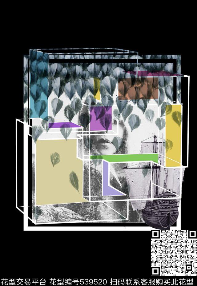 潮流时尚抽象羽毛定位人物数码印花华亿平台下载（图片编号: 539520） - 瓦栏（Walan）