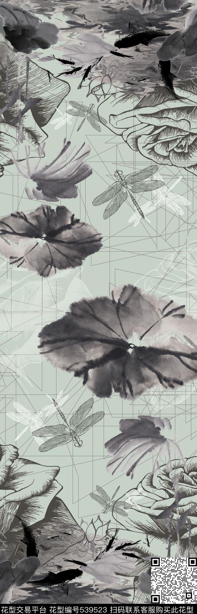 中国风水墨蜻蜓数码印花华亿平台下载（图片编号: 539523） - 瓦栏（Walan）