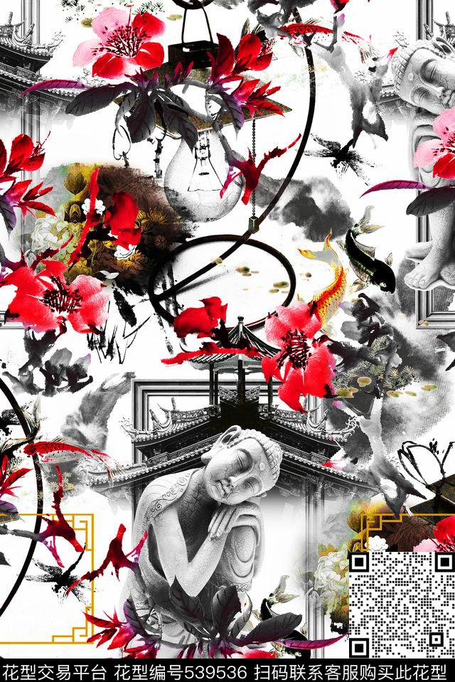抽象鱼建筑兰花手绘复古中国风水彩水墨雕塑人物花卉C【中国风】数码印花华亿平台下载（图片编号: 539536） - 瓦栏（Walan）
