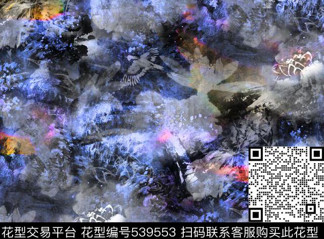 翠鸟水墨肌理中国风数码印花华亿平台下载（图片编号: 539553） - 瓦栏（Walan）