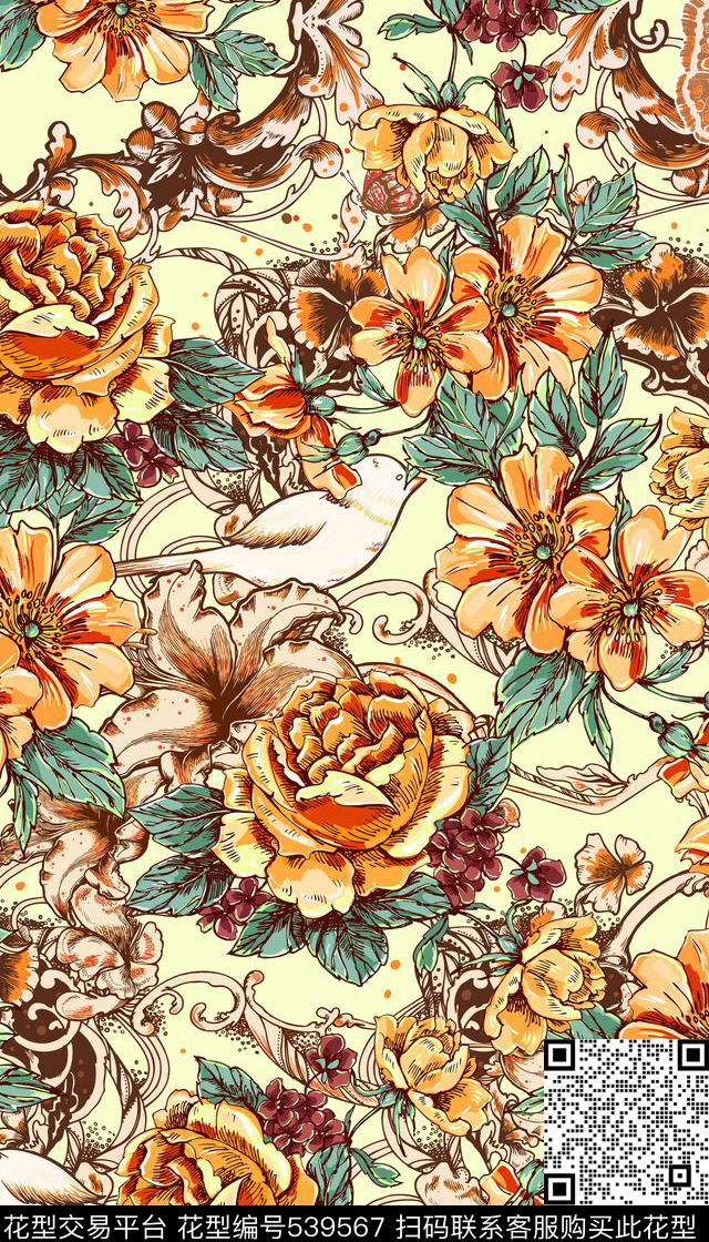 花朵复古花卉花纹边框传统印花华亿平台下载（图片编号: 539567） - 瓦栏（Walan）