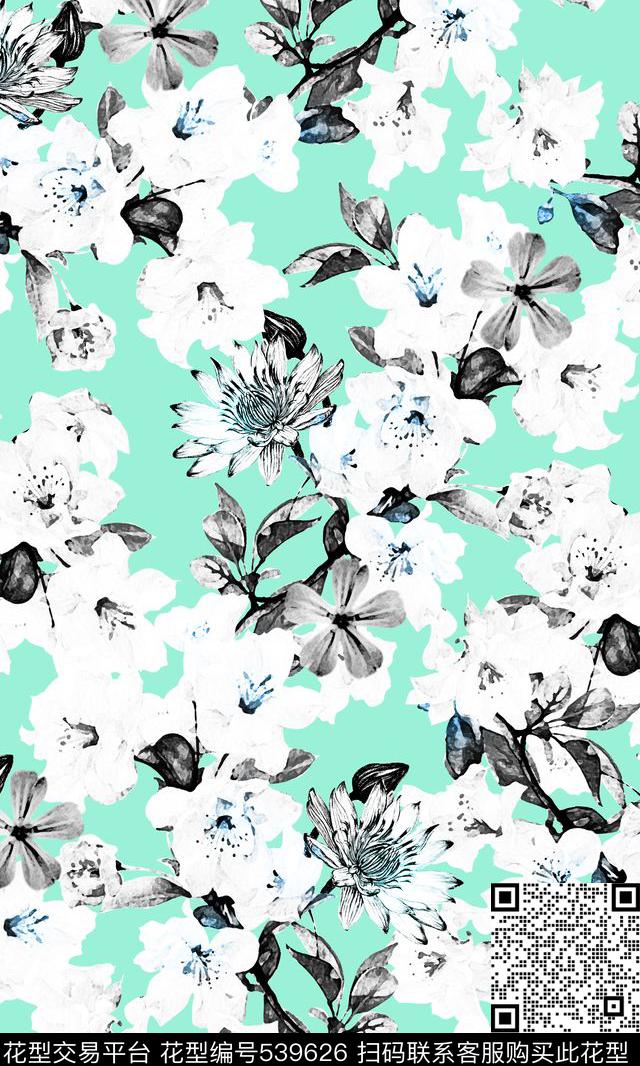 花卉组合花卉、黑白单色、朦胧感绚丽花园数码印花华亿平台下载（图片编号: 539626） - 瓦栏（Walan）