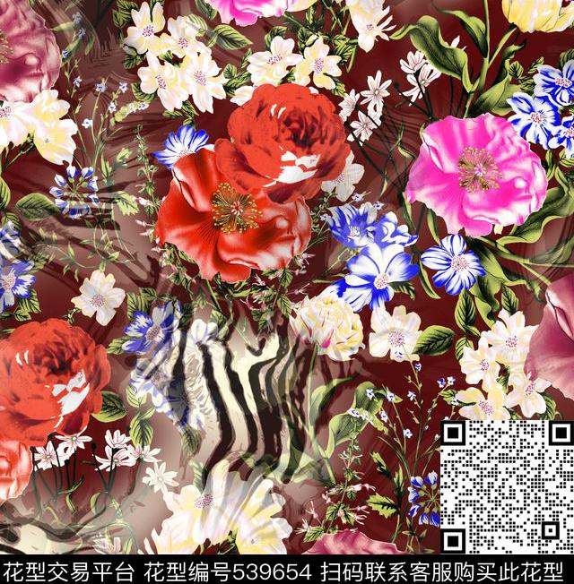 花卉优雅花卉波纹斑马纹拼接优雅时尚男女装数码印花华亿平台下载（图片编号: 539654） - 瓦栏（Walan）