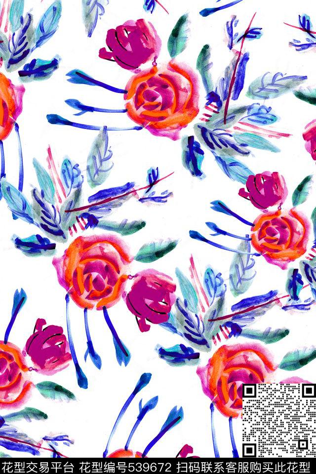 手绘花卉水彩数码印花华亿平台下载（图片编号: 539672） - 瓦栏（Walan）