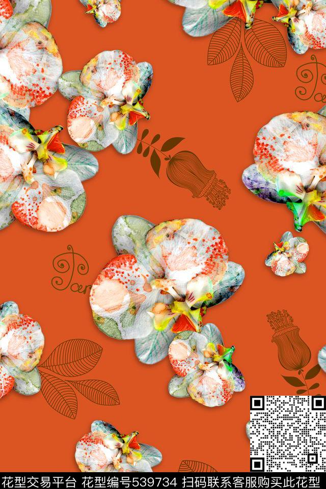 蝴蝶兰花卉男装数码印花华亿平台下载（图片编号: 539734） - 瓦栏（Walan）