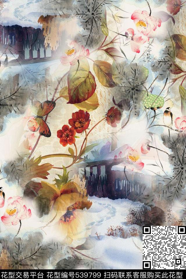 雪景叶子花数码印花华亿平台下载（图片编号: 539799） - 瓦栏（Walan）