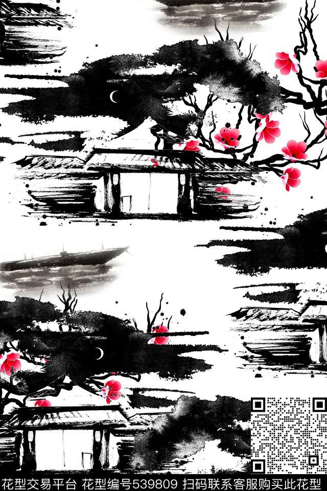梅花水墨画田园数码印花华亿平台下载（图片编号: 539809） - 瓦栏（Walan）
