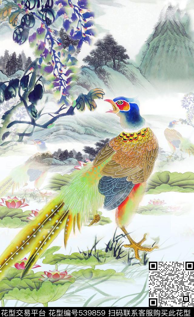 山水荷花孔雀中国风山水花鸟画服装家纺窗帘中国风数码印花华亿平台下载（图片编号: 539859） - 瓦栏（Walan）