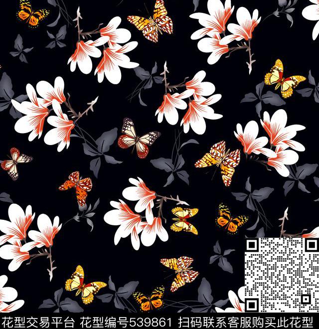 流行时尚蝴蝶梅花流行时尚蝴蝶梅花灰叶古典中国风数码印花华亿平台下载（图片编号: 539861） - 瓦栏（Walan）