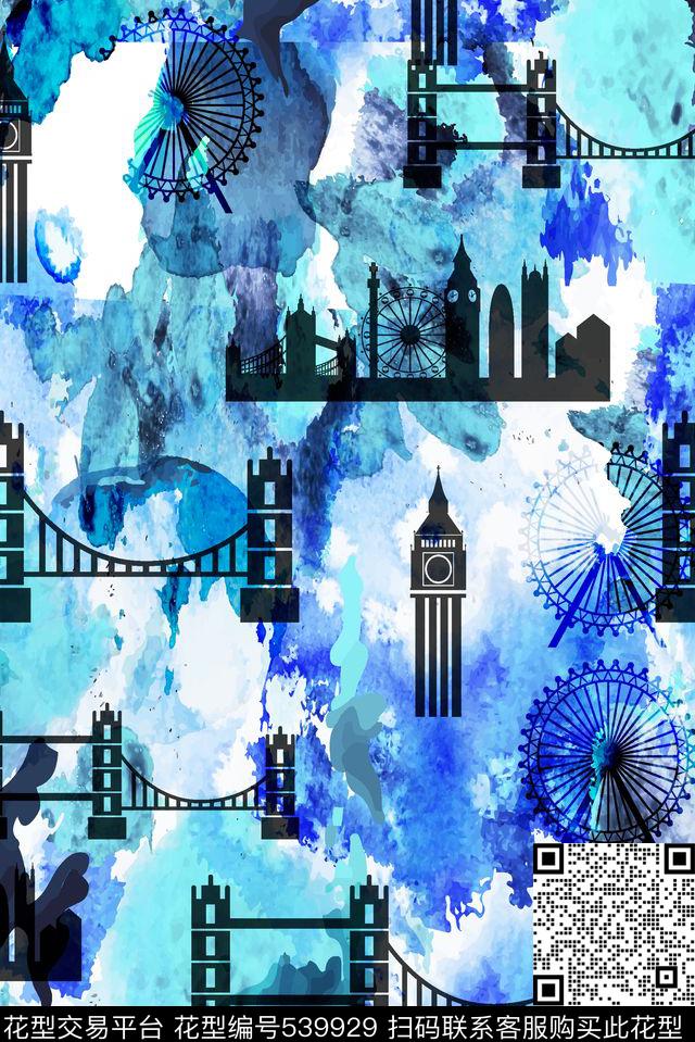 蓝色水彩炫彩数码印花华亿平台下载（图片编号: 539929） - 瓦栏（Walan）