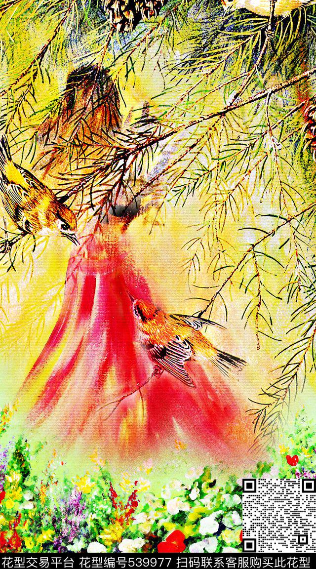 意境红裙舞女数码印花华亿平台下载（图片编号: 539977） - 瓦栏（Walan）