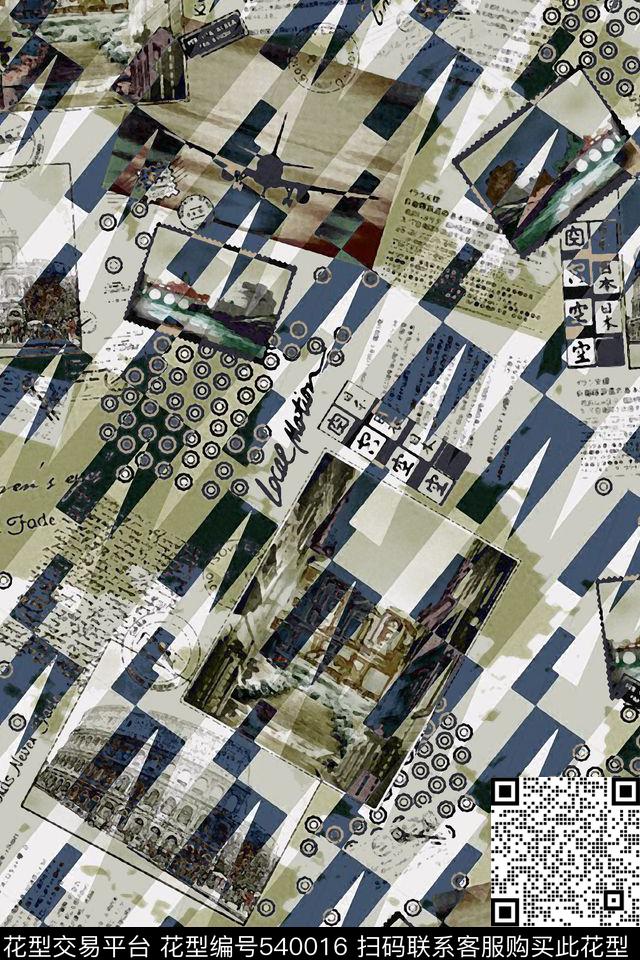 报纸风景照片几何数码印花华亿平台下载（图片编号: 540016） - 瓦栏（Walan）