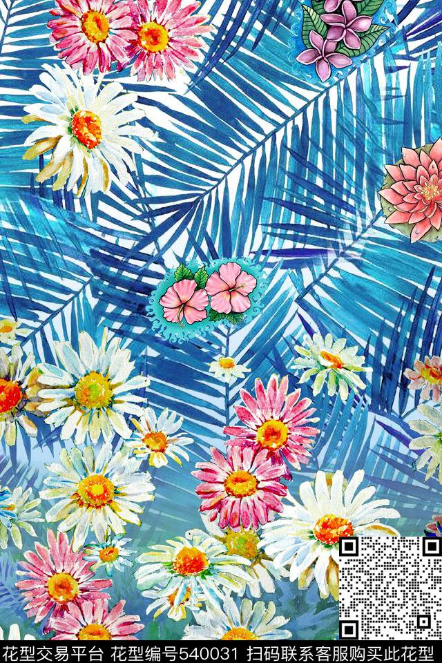 手绘花卉叶子数码印花华亿平台下载（图片编号: 540031） - 瓦栏（Walan）