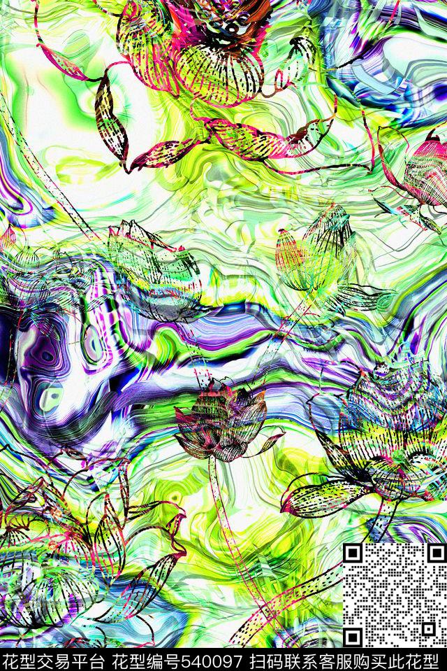 中国风印象荷塘数码印花华亿平台下载（图片编号: 540097） - 瓦栏（Walan）