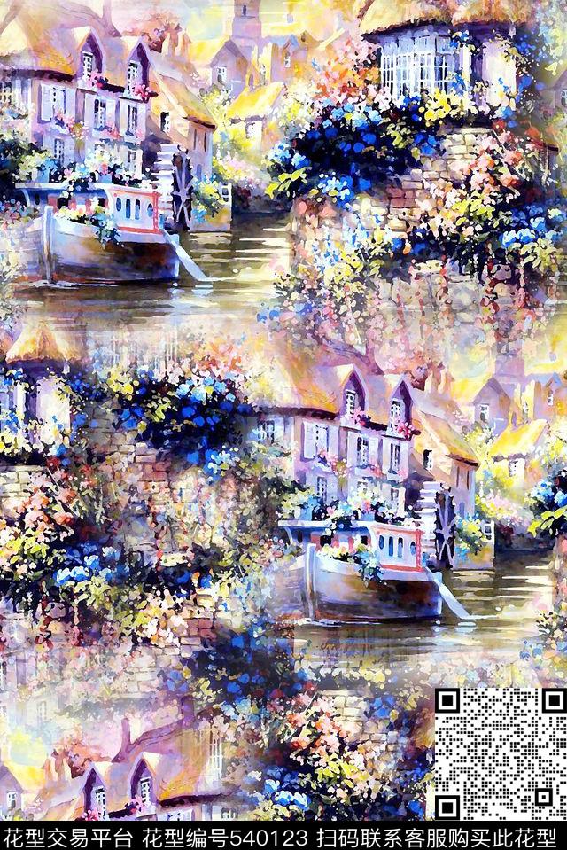欧美风水彩建筑靓丽清新数码印花华亿平台下载（图片编号: 540123） - 瓦栏（Walan）