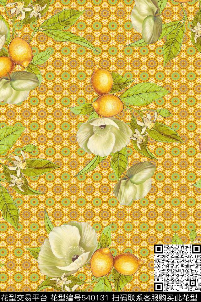 女装潮流时尚大牌手绘柠檬花卉数码印花华亿平台下载（图片编号: 540131） - 瓦栏（Walan）