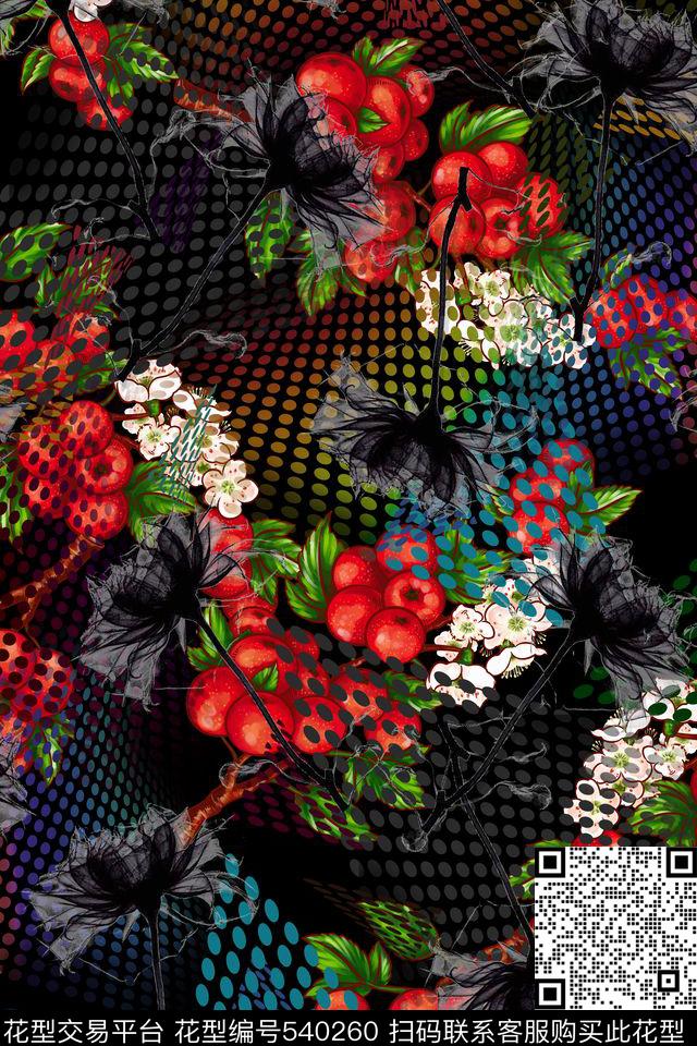 流行时尚黑玫瑰几何圆点数码印花华亿平台下载（图片编号: 540260） - 瓦栏（Walan）