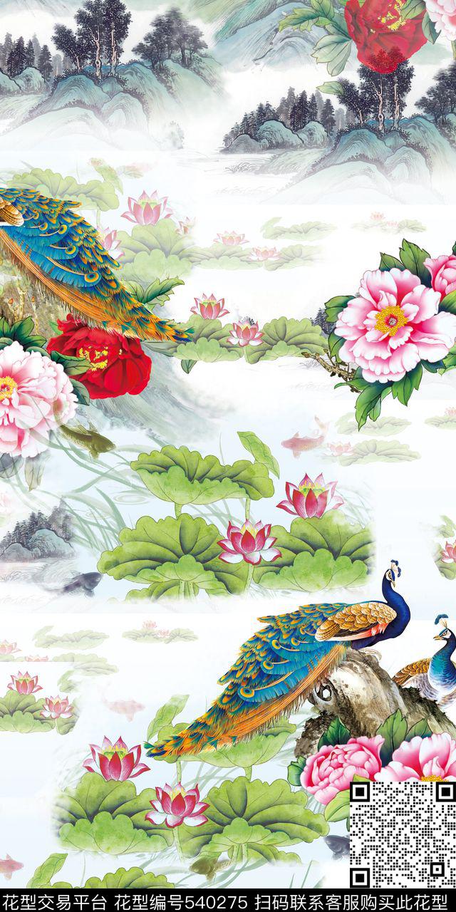 荷花水墨中国风数码印花华亿平台下载（图片编号: 540275） - 瓦栏（Walan）