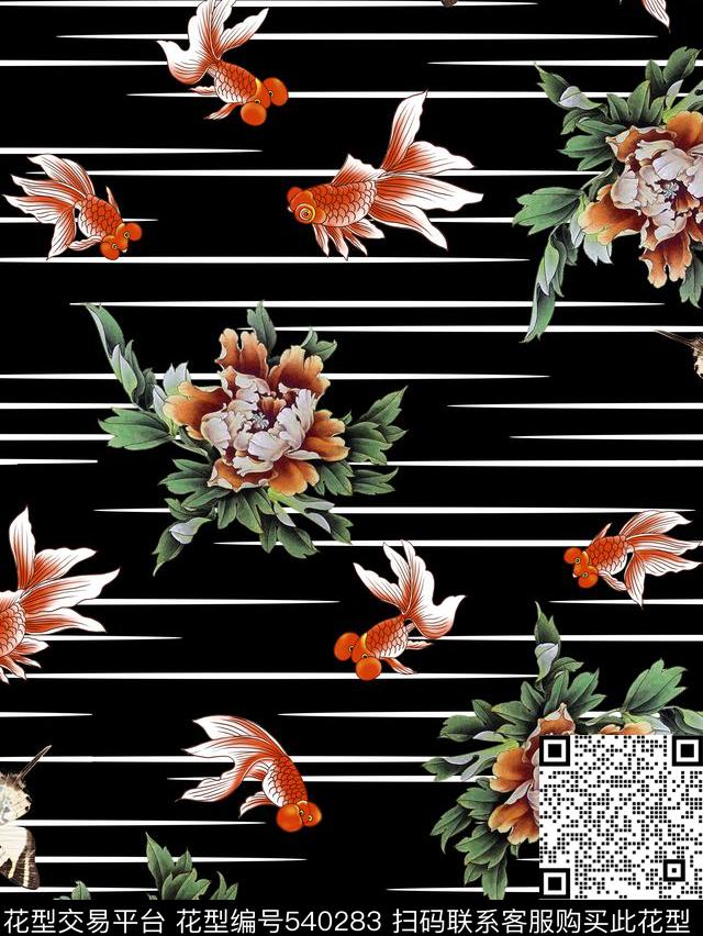 优雅时尚花卉金鱼传统印花华亿平台下载（图片编号: 540283） - 瓦栏（Walan）