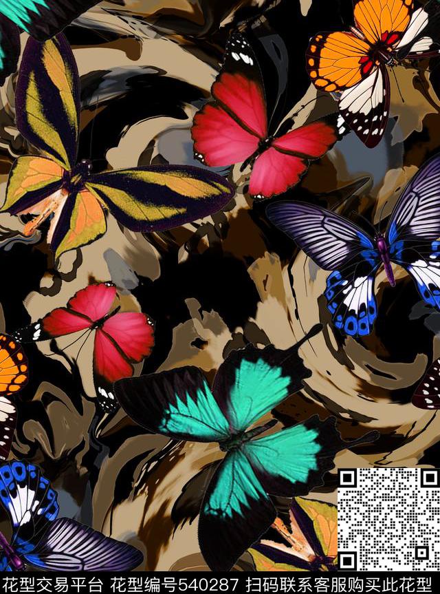 流行时尚蝴蝶抽象纹数码印花华亿平台下载（图片编号: 540287） - 瓦栏（Walan）