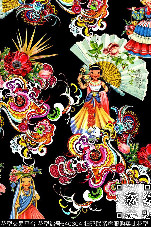 时尚团纹人物数码印花华亿平台下载（图片编号: 540304） - 瓦栏（Walan）