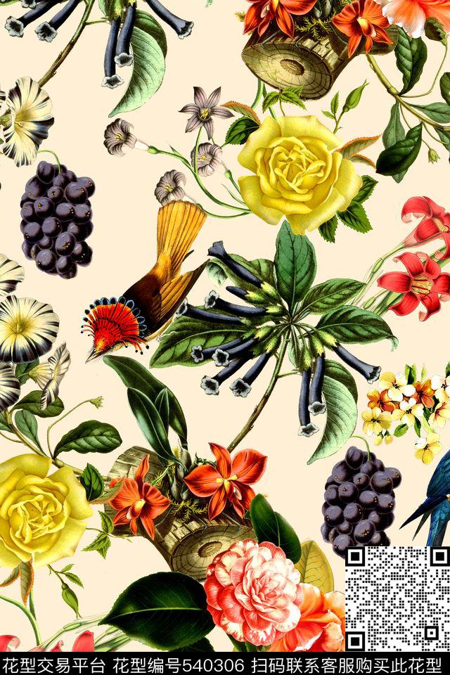 时尚手绘花卉数码印花华亿平台下载（图片编号: 540306） - 瓦栏（Walan）