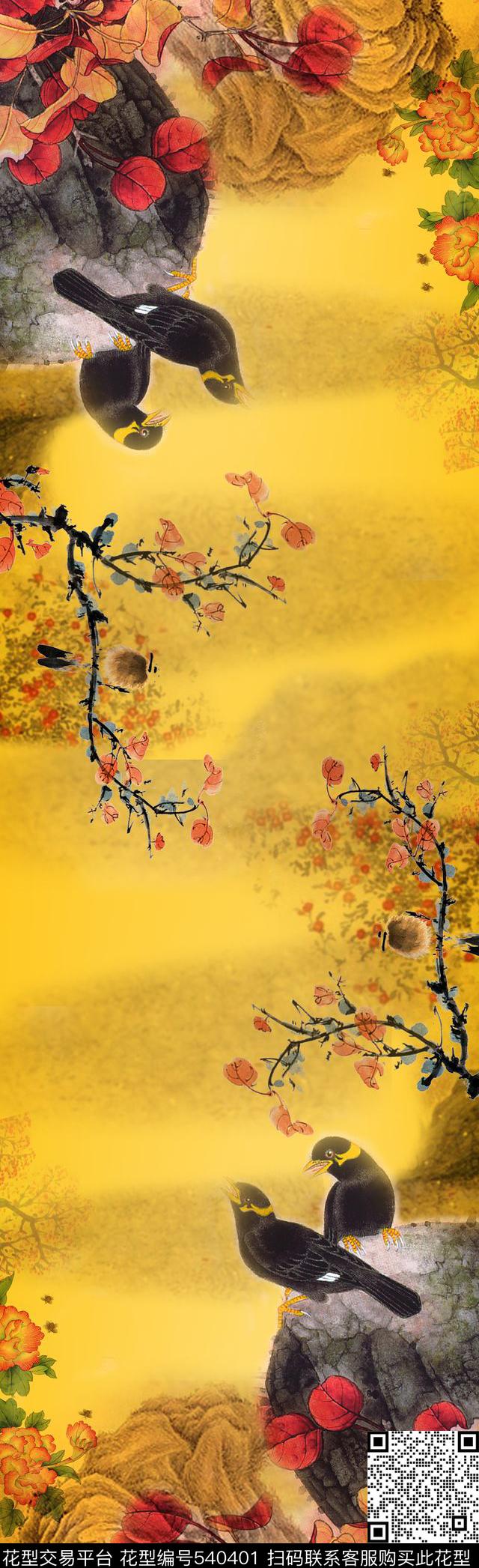 中国风假山花卉数码印花华亿平台下载（图片编号: 540401） - 瓦栏（Walan）