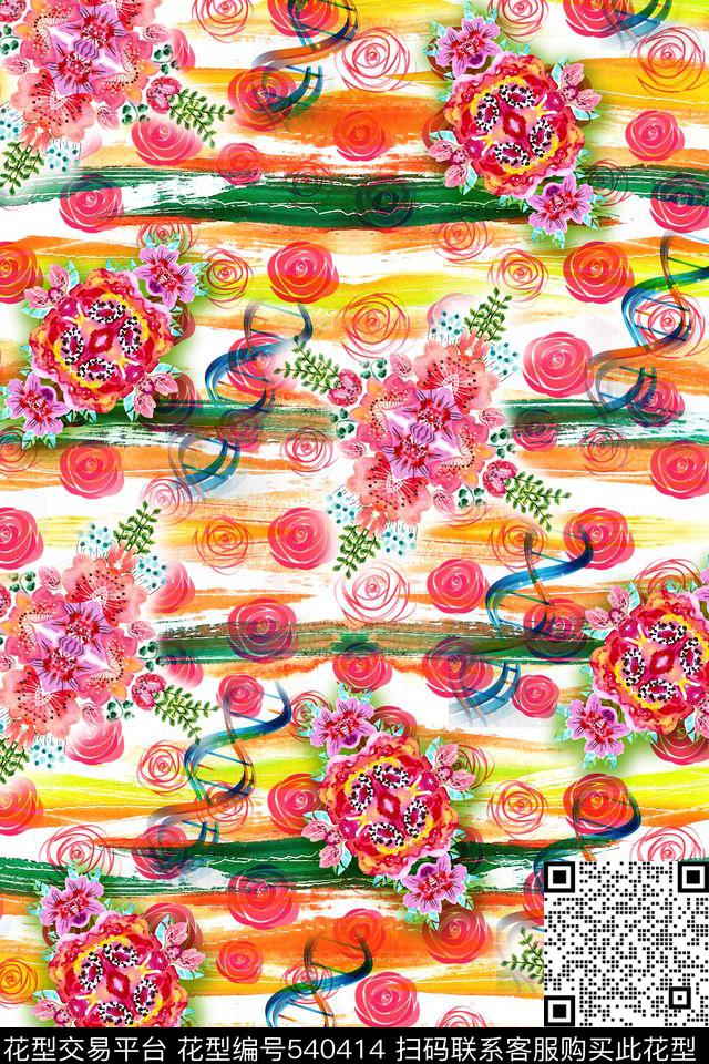 写意花卉玫瑰数码印花华亿平台下载（图片编号: 540414） - 瓦栏（Walan）
