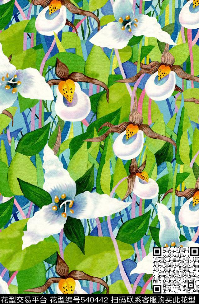 手绘系列田园森女风白花绿叶数码印花华亿平台下载（图片编号: 540442） - 瓦栏（Walan）