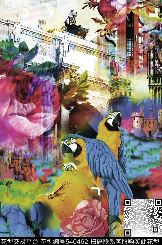 抽象花鸟建筑建筑欧洲风数码印花华亿平台下载（图片编号: 540462） - 瓦栏（Walan）