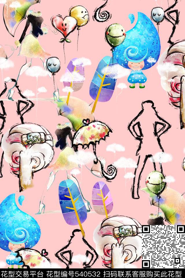 手绘美女雨伞数码印花华亿平台下载（图片编号: 540532） - 瓦栏（Walan）