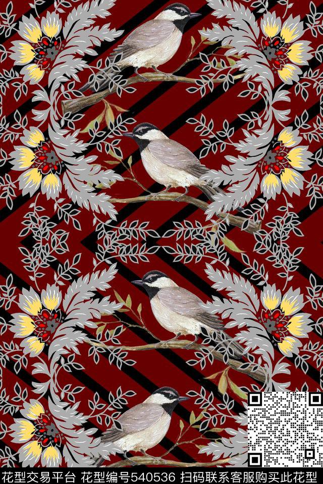 花卉几何喜鹊数码印花华亿平台下载（图片编号: 540536） - 瓦栏（Walan）