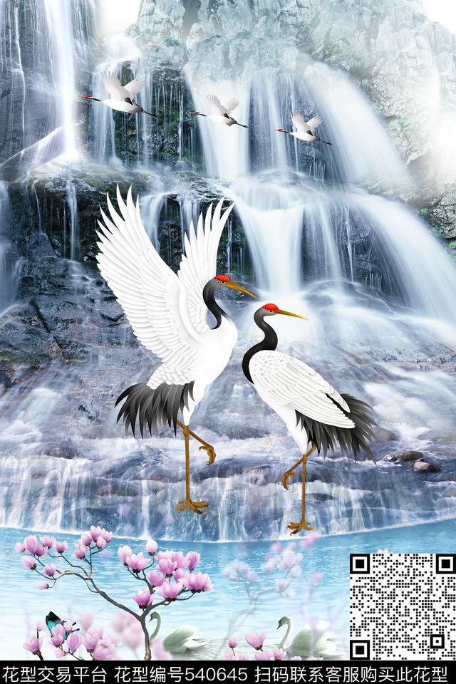 定位复古瀑布仙鹤复古瀑布仙鹤梅花图动物华亿平台动物纹数码印花华亿平台下载（图片编号: 540645） - 瓦栏（Walan）