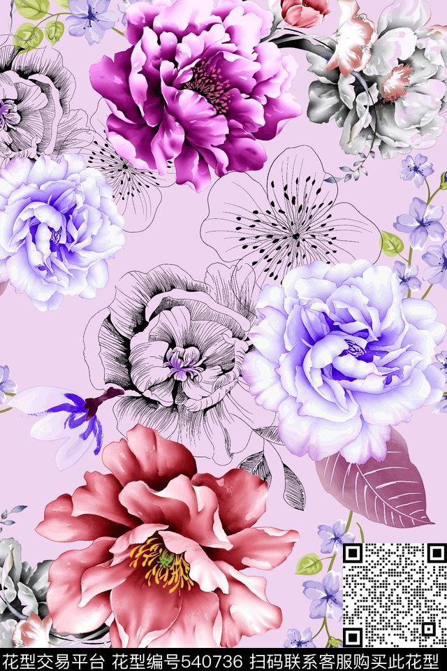 女装潮流时尚大牌手绘水彩花卉数码印花华亿平台下载（图片编号: 540736） - 瓦栏（Walan）