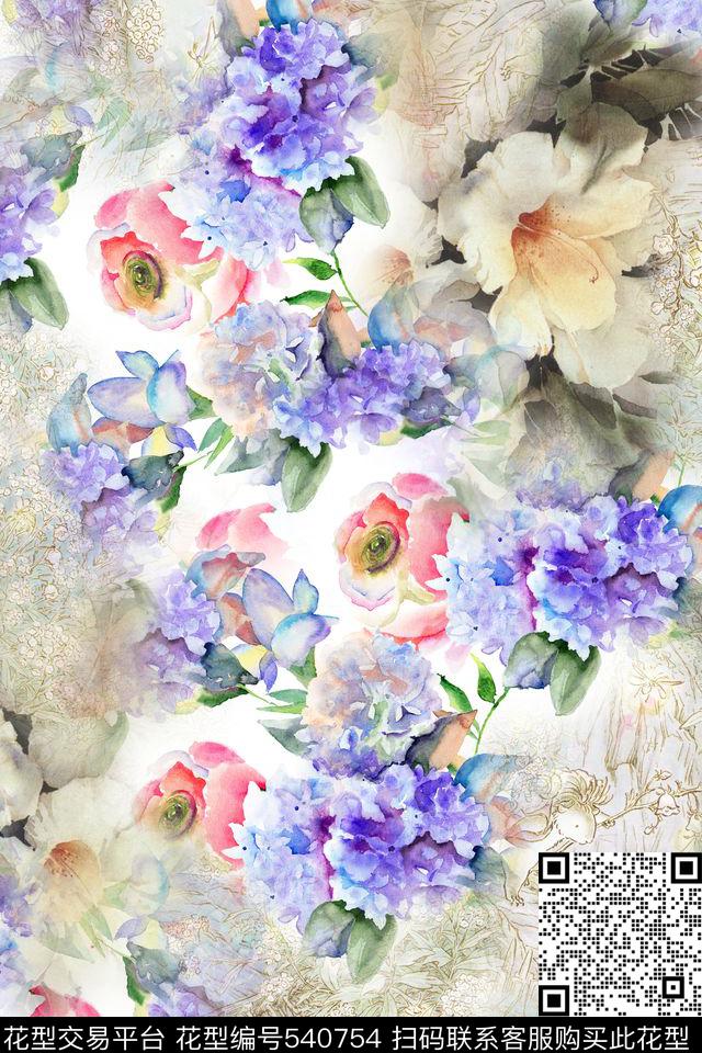 花卉复古层次数码印花华亿平台下载（图片编号: 540754） - 瓦栏（Walan）