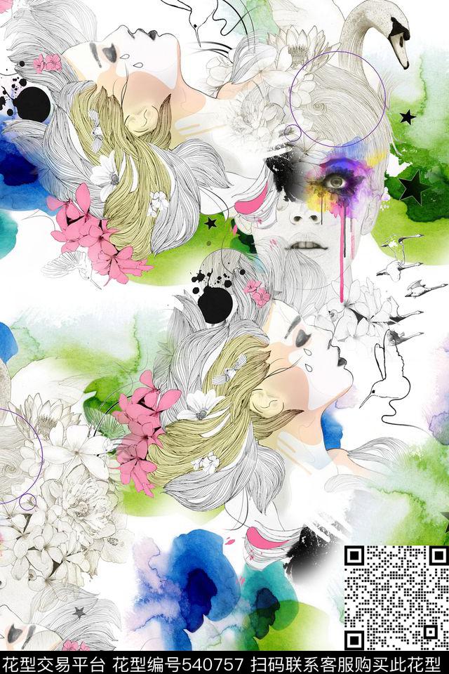 漫画美女天鹅数码印花华亿平台下载（图片编号: 540757） - 瓦栏（Walan）