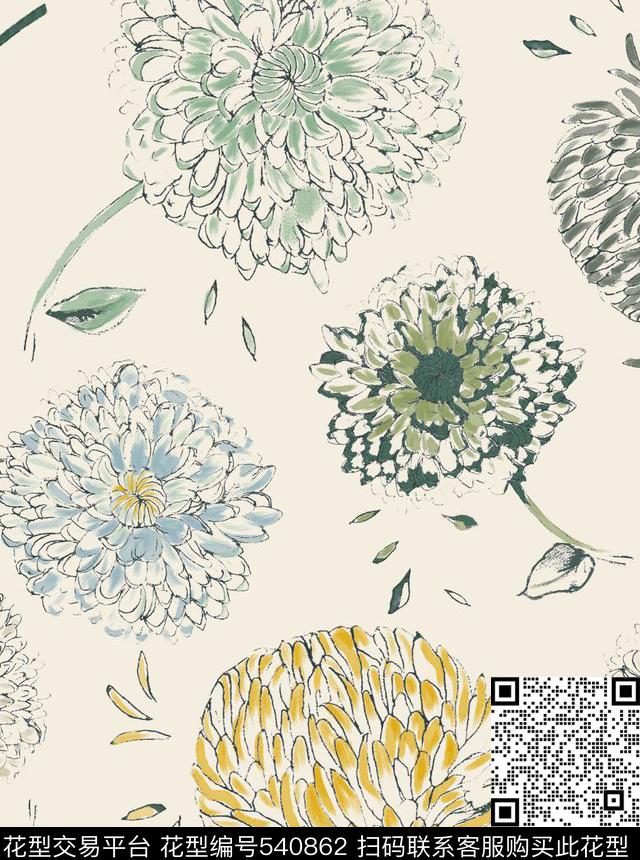 淡雅清新菊花花卉男装传统印花华亿平台下载（图片编号: 540862） - 瓦栏（Walan）