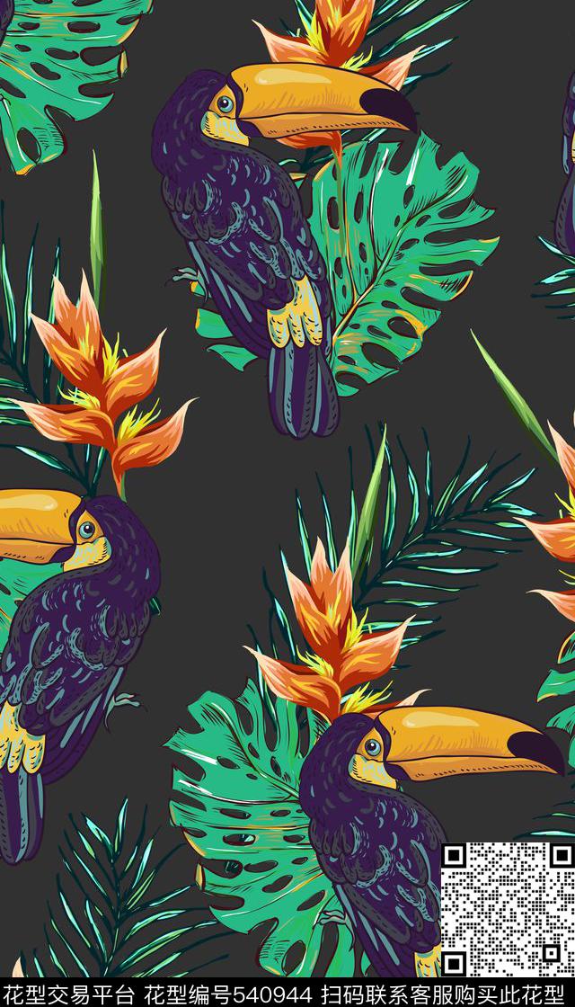 大嘴鸟热带风情棕榈叶传统印花华亿平台下载（图片编号: 540944） - 瓦栏（Walan）