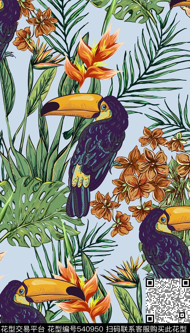 大嘴鸟热带风情天堂鸟传统印花华亿平台下载（图片编号: 540950） - 瓦栏（Walan）